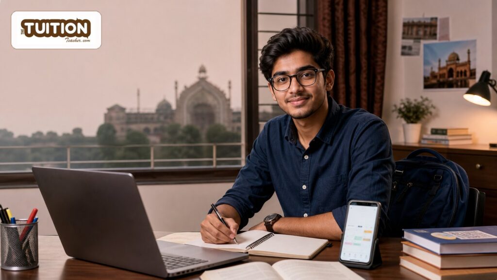 Best Websites to Find Home Tuition Jobs in Lucknow (2026): Ranked Tutor Guide 2 College student in Lucknow comparing websites for home tuition jobs on a laptop