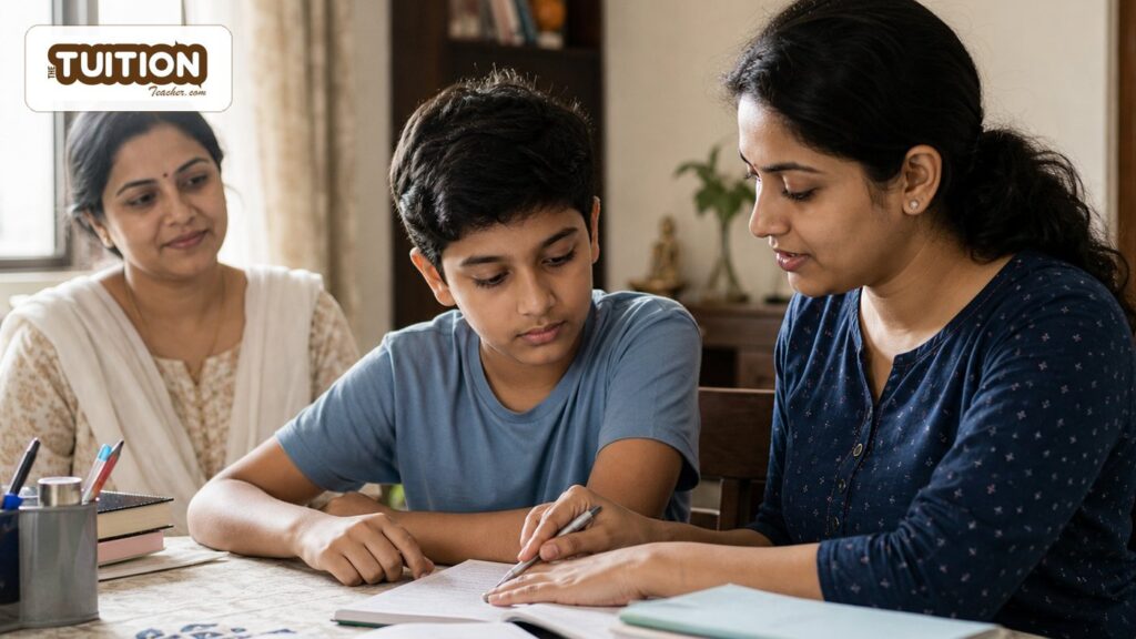 How To Give a Good Demo Class for Home Tuition 4 Home tutor in Lucknow giving a demo class while a parent observes the child studying