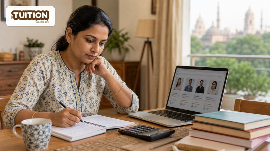 How Much Can a Home Tutor Earn in Lucknow? Subject and Class-Wise Guide 1 Female tutor in Lucknow planning home tuition earnings with notebook, calculator, and online tutor profile