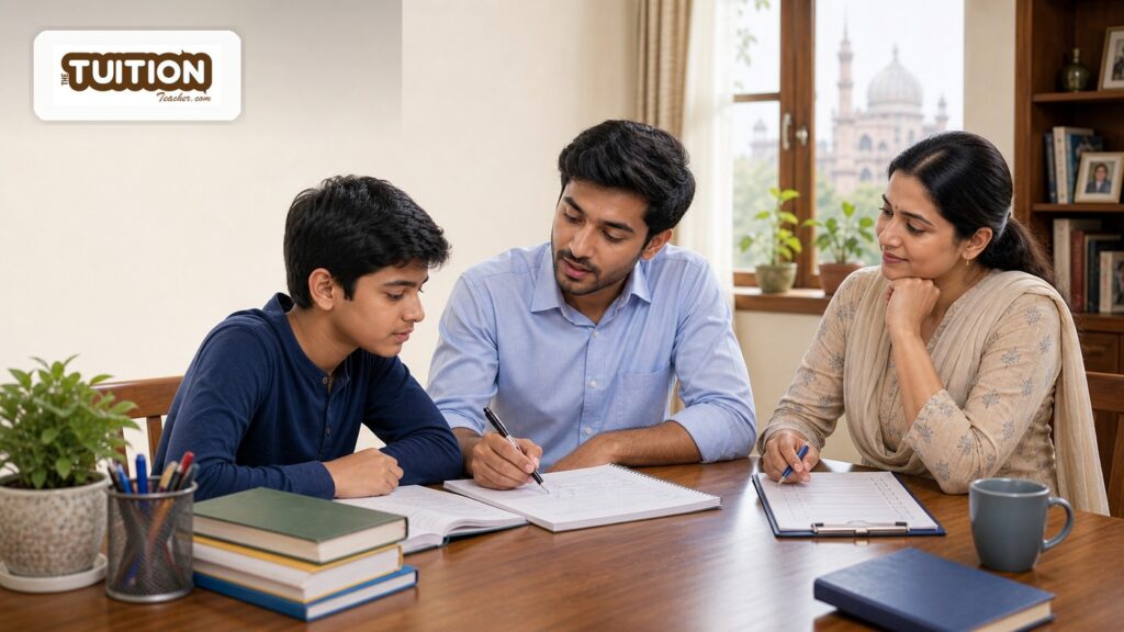 Parent observing a free demo class with a home tutor helping a child study in Lucknow
